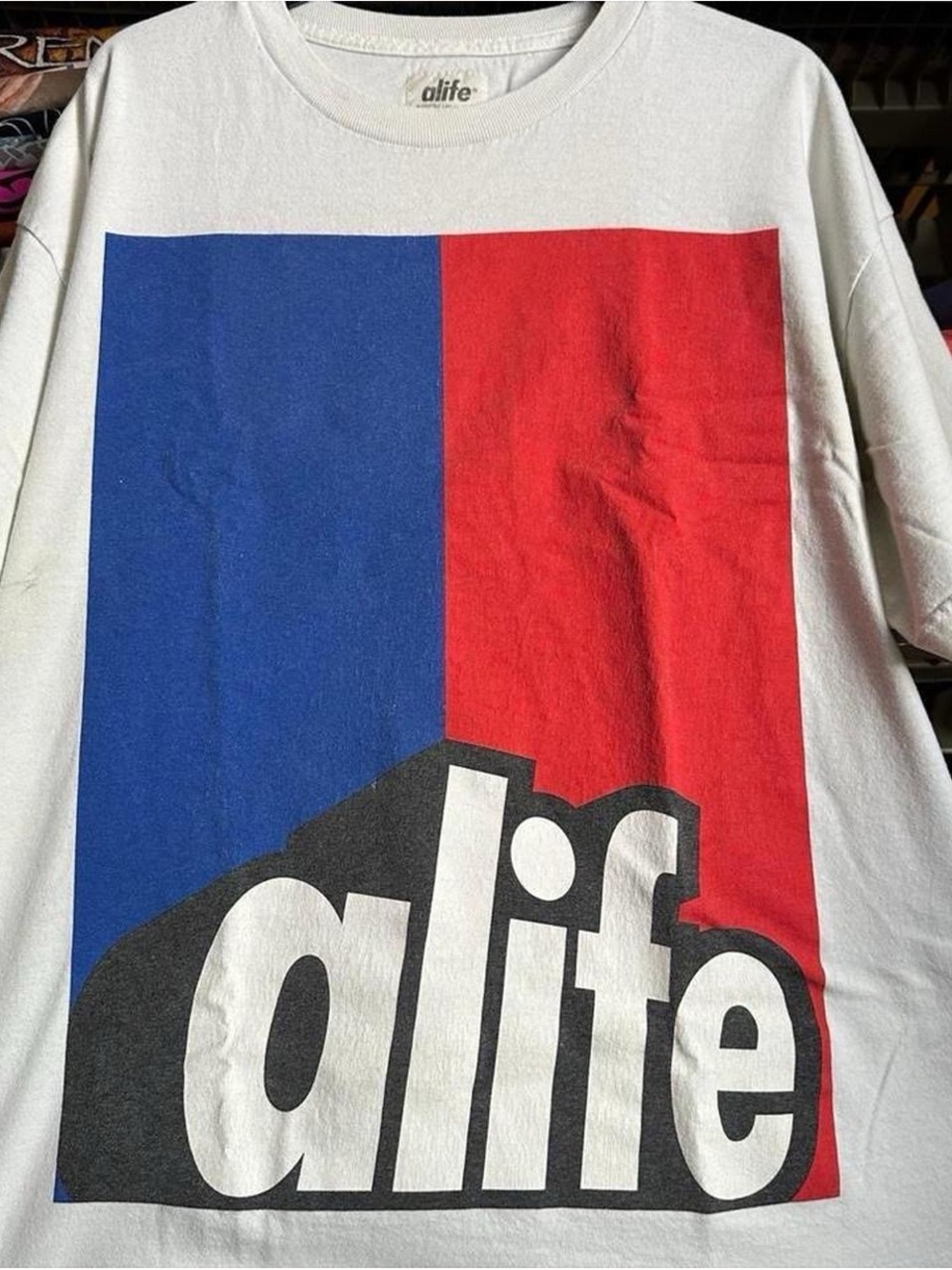 alife White Graphic Tee with Blue & Red Block Print XL